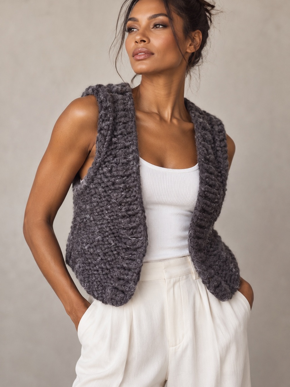 Cozy Open-Front Chunky Knit Vest in Charcoal S